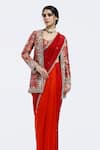 Shop_Onaya_Red Organza Sequins Sweetheart , Round Embellished Jacket And Saree Set _Online_at_Aza_Fashions