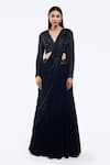 Buy_Onaya_Navy Georgette Sequins V-neck Pre-draped Lehenga Saree And Embellished Blouse Set _at_Aza_Fashions