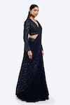 Buy_Onaya_Navy Georgette Sequins V-neck Pre-draped Lehenga Saree And Embellished Blouse Set _Online_at_Aza_Fashions