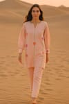 Buy_Samatvam By Anjali Bhaskar_Pink Chanderi Embroidery Notched Neck Antra Tunic With Pant _at_Aza_Fashions
