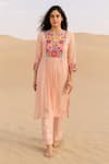 Buy_Samatvam By Anjali Bhaskar_Pink Chanderi Embroidery, Tassels Split V-neck Rangrez Kurta Set _at_Aza_Fashions