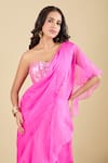 Archana Shah_Pink Sequins Square Neck Pre-draped Ruffle Saree With Corset _Online_at_Aza_Fashions