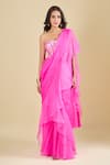 Shop_Archana Shah_Pink Sequins Square Neck Pre-draped Ruffle Saree With Corset _Online_at_Aza_Fashions