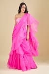 Buy_Archana Shah_Pink Sequins Square Neck Pre-draped Ruffle Saree With Corset _at_Aza_Fashions