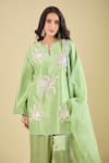 Archana Shah_Green Embroidery, Zari Split V-neck Butta Kurta Set _at_Aza_Fashions