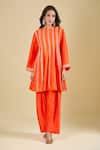 Archana Shah_Orange Cotton Zari Round Neck Striped Embroidered Kurta Set _Online_at_Aza_Fashions