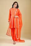 Buy_Archana Shah_Orange Cotton Zari Round Neck Striped Embroidered Kurta Set _at_Aza_Fashions