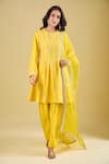 Buy_Archana Shah_Yellow Zari Round Neck Striped Embroidered Short Anarkali Set _at_Aza_Fashions