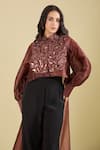 Pankaj & Nidhi_Maroon Sequins, Embroidery Collared Claret Applique Yoke Top _Online_at_Aza_Fashions
