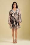 Buy_Pankaj & Nidhi_Beige Sequins V-neck Wisp Work Accordion Pleated Dress _Online_at_Aza_Fashions
