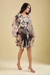 Shop_Pankaj & Nidhi_Beige Sequins V-neck Wisp Work Accordion Pleated Dress _Online_at_Aza_Fashions