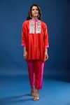 Shop_Archana Shah_Pink Embroidery Collared Short Kaftan With Striped Pant _Online_at_Aza_Fashions