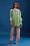 Buy_Archana Shah_Green Embroidery Collared Short Kaftan With Striped Pant _at_Aza_Fashions