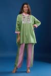 Archana Shah_Green Embroidery Collared Short Kaftan With Striped Pant _at_Aza_Fashions