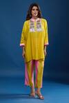 Archana Shah_Yellow Embroidery Round Neck Short Kaftan With Striped Pant _Online_at_Aza_Fashions