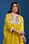 Archana Shah_Yellow Embroidery Round Neck Short Kaftan With Striped Pant _at_Aza_Fashions