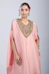 Prisho_Pink Silk, Polyester Embroidery Round Neck Thread Kaftan Set _at_Aza_Fashions