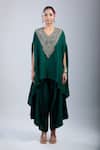 Prisho_Green Cotton Embroidery V-neck V Kaftan And Pant Set _Online_at_Aza_Fashions