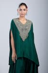 Prisho_Green Cotton Embroidery V-neck V Kaftan And Pant Set _at_Aza_Fashions