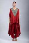 Prisho_Red Embroidery V-neck Thread Kaftan And Pant Set _Online_at_Aza_Fashions