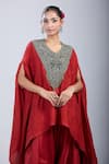 Prisho_Red Embroidery V-neck Thread Kaftan And Pant Set _at_Aza_Fashions