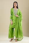 Buy_Matsya_Green Silk Sequins, Embroidery Split V-neck Lime Kurta Pant Set _at_Aza_Fashions