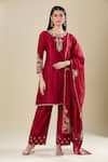 Buy_Matsya_Red Silk Embroidery Round Neck Kurta Pant Set _at_Aza_Fashions
