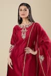 Buy_Matsya_Red Silk Embroidery Round Neck Kurta Pant Set _Online_at_Aza_Fashions