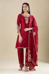 Shop_Matsya_Red Silk Embroidery Round Neck Kurta Pant Set _Online_at_Aza_Fashions