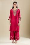 Matsya_Pink Silk Embroidery Split V-neck Rani Kurta Pant Set _Online_at_Aza_Fashions