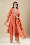 Shop_Matsya_Orange Silk Embroidery V-neck Anarkali Set _Online_at_Aza_Fashions