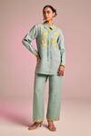 Buy Kalista Blue Cotton, Linen Embroidery Collared Elaina Pant Set at Aza Fashions Buy_Kalista_Blue Cotton, Linen Embroidery Collared Elaina Pant Set _at_Aza_Fashions