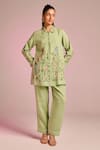 Buy_Kalista_Green Cotton, Linen Embroidery Collared Lyra Pant Set _at_Aza_Fashions