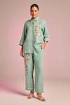 Shop_Kalista_Green Cotton, Linen Embroidery Collared Esha Shirt _Online_at_Aza_Fashions