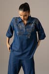 Shop_Namrata Joshipura_Blue Denim Embroidery Collared Grace Zipper Top And Pant Set _at_Aza_Fashions