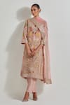 Buy_Kavita Bhartia_Pink Organza, Chanderi Silk Embroidery Split V-neck Patch Work Kurta Set _at_Aza_Fashions