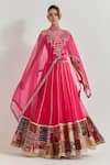 Buy_Kavita Bhartia_Fuchsia Organza Patchwork, Embroidery, Zari, Lace, Mirrors High Cape Lehenga Set _at_Aza_Fashions