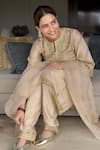 Buy_Saina Kapoor_Beige Chanderi Embroidery, Zari Round Neck Choga Set _at_Aza_Fashions