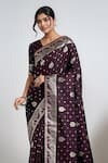Shop_Samyukta Singhania_Wine Zari V-neck Banarasi Satin Silk Saree With Blouse 