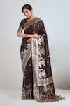 Buy_Samyukta Singhania_Wine Pom-poms, Embroidery, Zari V-neck Banarasi Satin Silk Saree With Blouse _at_Aza_Fashions