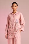 Buy_Kalista_Pink Cotton, Linen Embroidery Collared Lyra Shirt _at_Aza_Fashions