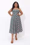 Shop_Aapro_Green Cotton Sweetheart Neck Esme Stripe Pattern Dress _at_Aza_Fashions