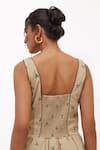 Shop_Aapro_Beige Cotton Square Neck Selva Pleated Hand Block Printed Dress _at_Aza_Fashions