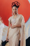 Krisha Sunny Ramani_Gold Silk, Tissue Cut Work, Sequins Round Neck Pre-draped Saree Set _Online_at_Aza_Fashions
