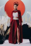 Buy_Krisha Sunny Ramani_Maroon Tissue, Silk Stones, Sequins Round , High Cape Set _at_Aza_Fashions