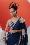 Krisha Sunny Ramani_Blue Georgette Sequins, Mirrors V-neck Designer Pre-draped Saree With Blouse _Online_at_Aza_Fashions