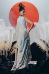 Shop_Krisha Sunny Ramani_Blue Tissue, Silk Sequins, Cut Work Mandarin Designer Pre-draped Saree Set _at_Aza_Fashions
