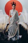 Buy_Krisha Sunny Ramani_Blue Tissue, Silk Sequins, Cut Work Mandarin Designer Pre-draped Saree Set _at_Aza_Fashions