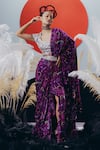 Buy_Krisha Sunny Ramani_Purple Crepe Sequins, Zari, Cut Work Round Neck Pre-draped Saree Set _at_Aza_Fashions