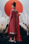 Shop_Krisha Sunny Ramani_Red Crepe, Georgette Sequins, Cut Work, Mirrors Round Neck Designer Kurta Set _at_Aza_Fashions